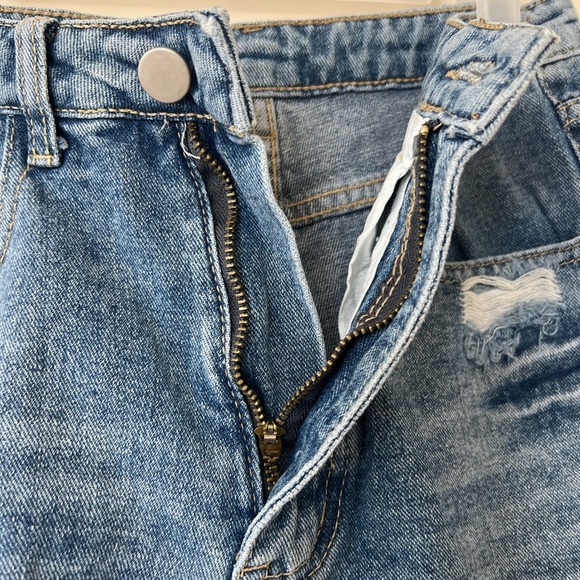 Blue Distressed Jean Shorts with Frayed Hem - Picture 4 of 5